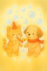 Naklejka premium Cute Watercolor Cartoon New Year Greeting adorable cute watercolor cartoon to welcome the new year illustration Festive Holiday Watercolor Celebration Art Adorable Happy New Year Illustration Design