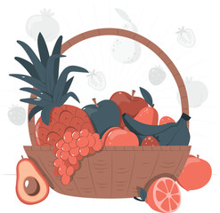 Abundant Basket of Fresh Fruits with Pineapple and Avocado healthy food