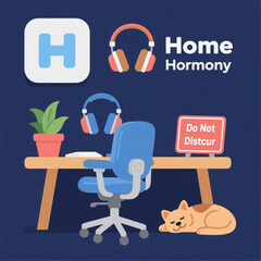 Home Office Harmony Icon Set Plant on Desk, Ergonomic Chair, Noise-Cancelling Headphones, 'Do Not Disturb' Sign, Pet Sleeping Nearby