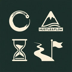 Hustle & Flow Icon Set Zen CircleEnso, Mountain Peak, Hourglass (with sand halfway), Winding Path, Raised Flag