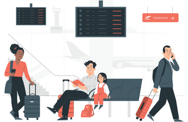 Airport Waiting Area With Travelers And Departure Board Keywords: airport, travel, waiting