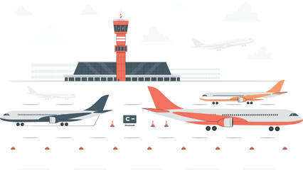 Airport Scene With Airplanes And Control Tower Keywords: airport, airplane, aircraft, travel