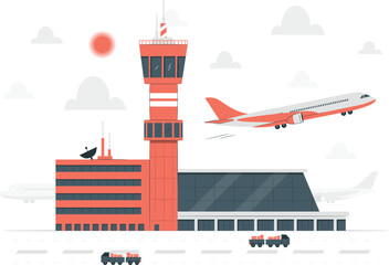 Airport With Airplanes Taking Off And Cargo Trucks Keywords: airport, airplane, aircraft, take