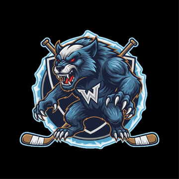 An aggressive wolverine logo for a hockey team, detailed illustration style, snarling pose, clean lines, vector art, on a transparent background