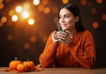 A young Caucasian woman with long dark hair holds a steaming cup in a cozy setting. Small pumpkins and autumn leaves are on the table, with warm bokeh lights in the background.