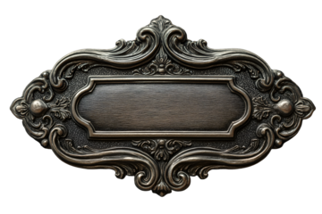 Ornate antique metal label frame with intricate details and vintage charm, isolated on transparent background