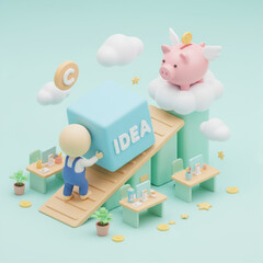 An isometric office scene with a person pushing a large cube labeled 'IDEA' up a ramp towards a piggy bank. Cute, simple, and conceptual