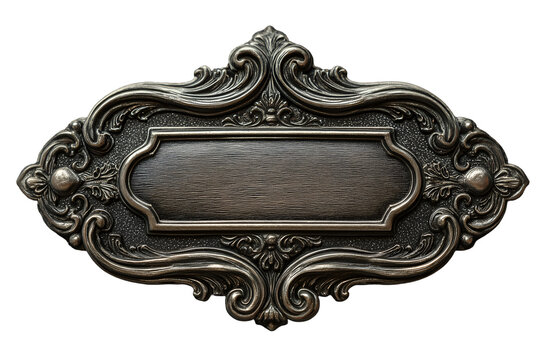 Ornate antique metal label frame with intricate details and vintage charm, isolated on transparent background