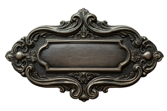 Ornate antique metal label frame with intricate details and vintage charm, isolated on transparent background