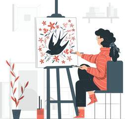 Artist painting a bird and flowers on canvas on an easel vector illustration