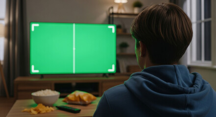A young boy in a blue hoodie relaxes at home watching television with a green screen, complete with popcorn and chips for a cozy night in, suggesting entertainment and relaxation