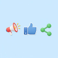 Collection of marketing vector icons a megaphone, a thumbs-up, and a share arrow. Friendly style
