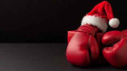 Festive boxing spirit: Red gloves and Santa hat on a gift box. A unique take on holiday cheer, blending strength with seasonal celebration. The perfect punch of joy!