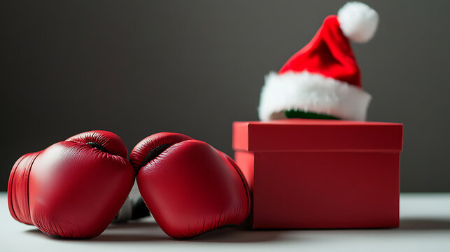 Festive face-off: A pair of boxing gloves rest near a red gift box adorned with a Santa hat, blending competitive spirit with holiday cheer for a unique seasonal twist.