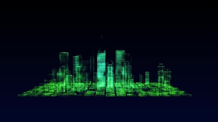 Glowing particles form a 3D holographic city skyline — futuristic tech animation. - Powered by Adobe