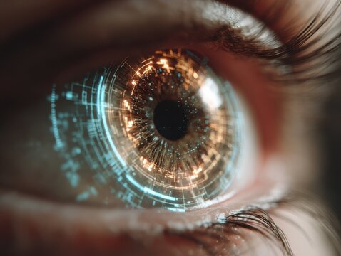 close-up of human eye with intricate digital patterns overlaying the iris in macro view with glowing circuits and geometric shapes concept of technology innovation and digital security - Powered by Adobe