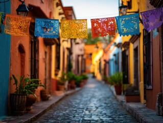 Fototapeta premium narrow cobblestone street with colorful buildings and papel picado banners in warm hues of orange yellow and blue with potted plants and copyspace concept of travel culture and celebration