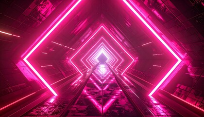 Reflective corridor lined with pink neon diamond shapes converging into a bright white light at the far end