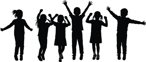 Silhouette of happy children jumping together in excitement, joyful kids celebrating and playing, fun vector art for childhood lifestyle and happiness concept