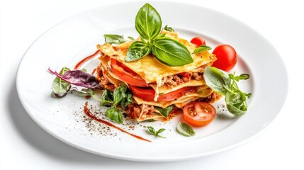 Lasagna served on plate, garnished with basil and cherry tomatoes