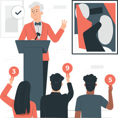 Auctioneer with Bidders Holding Scorecards and Abstract Art bidding sale