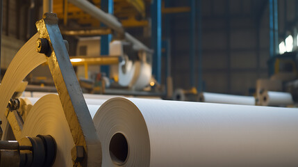 A paper mill processes massive rolls of white paper. Metal machinery guides the paper through manufacturing. Industrial equipment in the background suggests a large-scale facility.