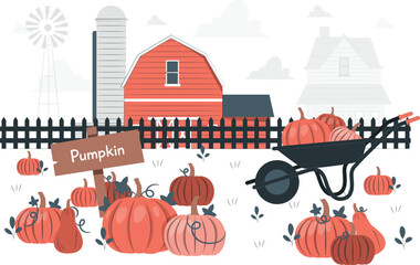 Autumn farm scene with pumpkins and barn fall pumpkin patch