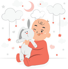 Baby Holding a White Bunny Toy with Clouds and Stars infant child