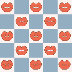 Retro illustration with red lips on a blue and cream checkerboard background. Trendy groovy design inspired by 70s pop art, perfect for textiles, wallpapers, packaging, and social media graphics.