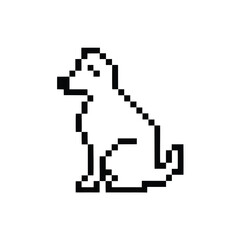Pixel Art Dog Illustration, Retro Style, Black Outline on White Background, Pet Icon