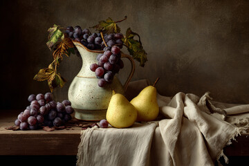 Rustic still life composition featuring a ceramic pitcher filled with fresh red grapes and pears on a wooden table, draped with a natural linen cloth, creating an old masters atmosphere