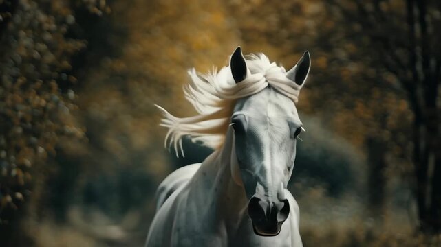 A horse is running through a forest. The horse is white and has a long mane. The forest is filled with trees. A horse in full stride running along a path surrounded by trees
