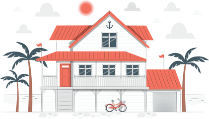 Beach house with palm trees and a bicycle vector illustration