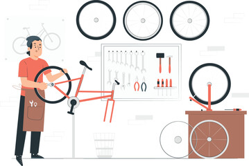 Bicycle mechanic repairing a bike in a workshop bike repair tools