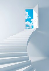 Fototapeta premium An open door revealing a bright blue sky with white clouds atop a white staircase symbolizing opportunity and new beginnings