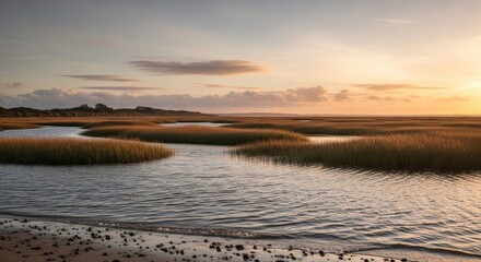 Serene coastal landscape, showcasing a marsh at golden hour with reflective water, grasses, and sky
