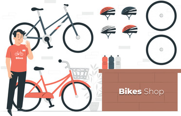 Bike shop owner with bicycles and helmets for sale bikes