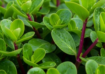 Obraz premium Close-up shot of vibrant green succulent plants with small, oval-shaped leaves and reddish-purple stems, nature's beauty