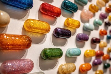 Installation art with numerous large, colorful, pill-shaped sculptures on a plain white wall