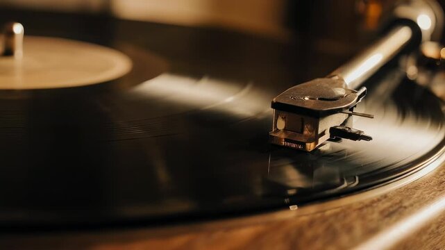 Close Up Of Vintage Record Player Needle On Spinning Vinyl Album Creating Warm Ambiance With Soft Lighting