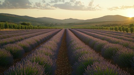 Lavender field at sunset against hills under cloudy sky