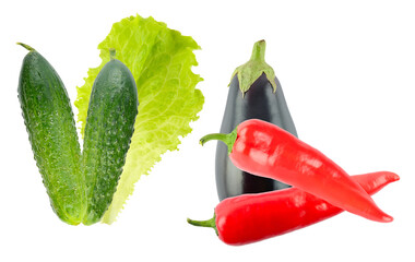 a fresh combination of crisp cucumbers, spicy red peppers, a vibrant green lettuce, and a rich eggplant, creating an inviting culinary experience