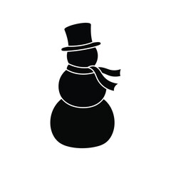 Simple black silhouette snowman with top hat and scarf winter holiday icon isolated on white background