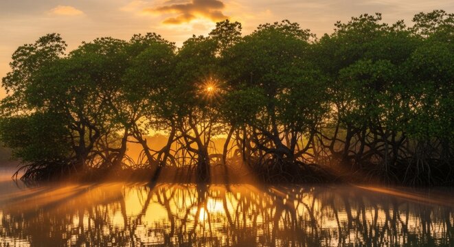 Sunrise illuminates mangrove trees, reflecting on tranquil water with golden light rays