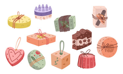 set of colorful handmade soap bars in various shapes, packages. variety of scents. flat vector illustration. Perfect cosmetics, spa, wellness, packaging design, or presenting an eco-friendly product.
