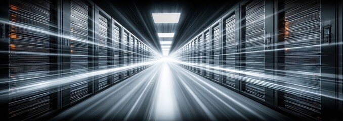Photography of people working in a high-tech data center with a glowing light speed lines of data code running through the rows of server racks.	