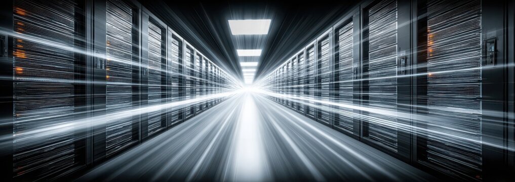 Photography of people working in a high-tech data center with a glowing light speed lines of data code running through the rows of server racks.	 - Powered by Adobe