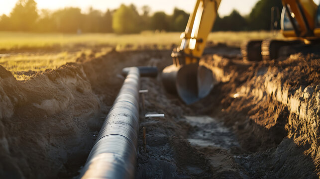A long black pipe is being installed in a trench in a field, using a yellow excavator in the background. The sun is setting, casting a warm glow over the scene. Work in progress.