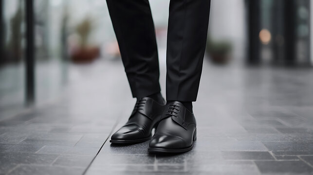 A sharply dressed individual stands confidently in black shoes and pants, embodying style. The focus is on their shoes, reflecting attention to detail in their attire and professional look.