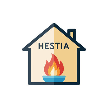 House shape with the word hestia and a flame inside.